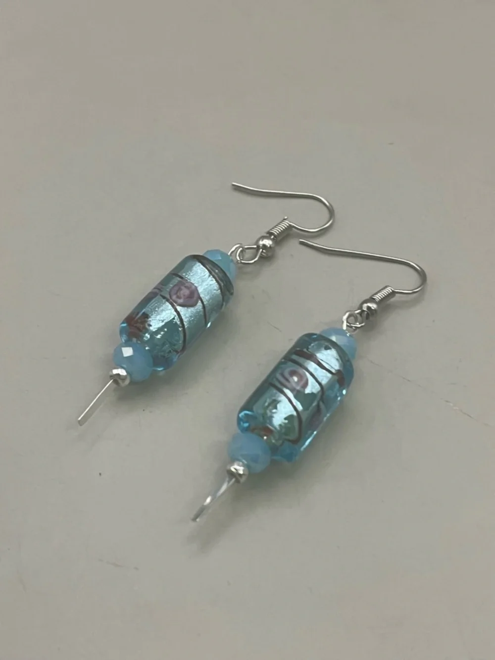 Handmade Blue Lampwork Glass Dangle Earrings Silver Tone Artisan Boho